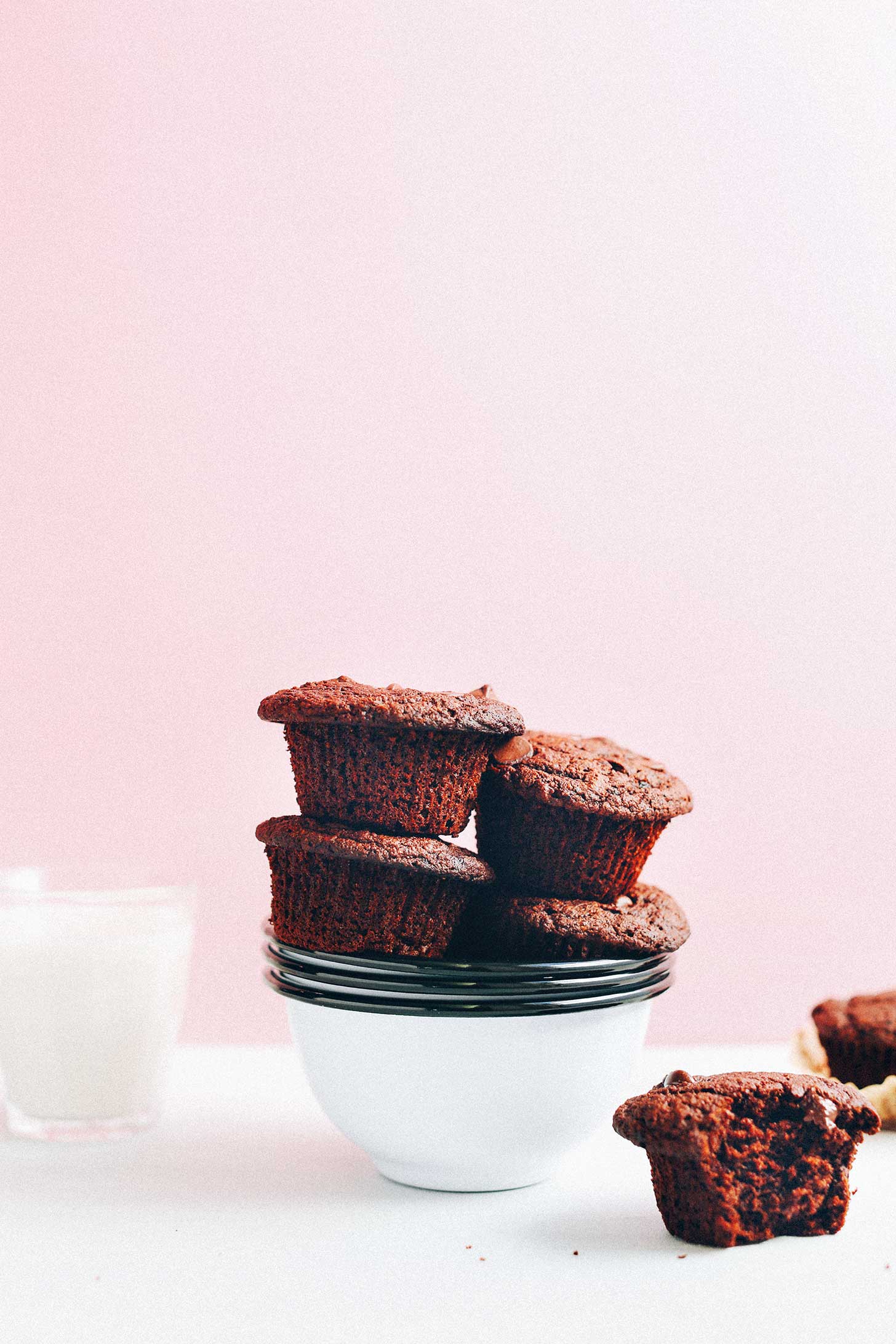 Stacked muffins made using our Chocolate Chocolate Chip Muffin recipe