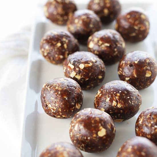 Tray of Peanut Butter Cup Energy Bites made with dates